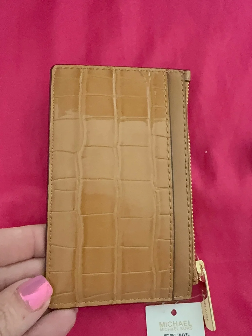 NWT MICHAEL KORS Jet Set Travel Croc Embossed Zip Card Case Wallet Deer Tan NEW